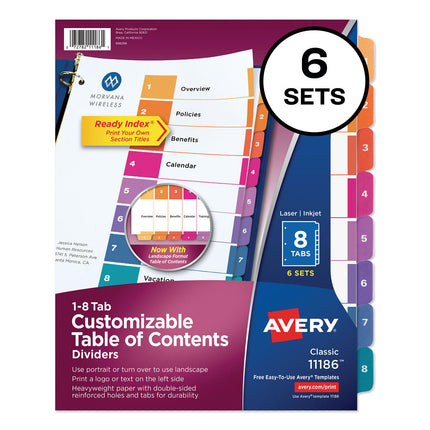 Avery 8 Tab Dividers for 3 Ring Binders, Customizable Table of Contents, Multicolor Tabs, 6 Sets (11186)