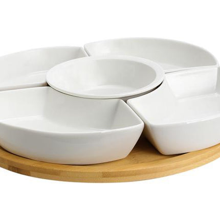Elama Signature Appetizer and Condiment Server Set 5 Dishes and 1 Lazy Suzan Serving Tray, 6 Piece, White Stoneware and Natural Bamboo White Stoneware and Natural Bamboo