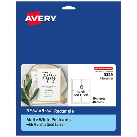 Avery Postcards with Metallic Gold Borders, 3-15/16" x 5-3/16", 40 Total, Laser/Inkjet Printable Postcards (3329)