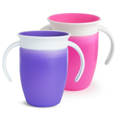 Munchkin Sippy Cup for 6 Month Old and Up, Spill Proof Miracle 360 Toddler Cups with Transition Handles, 7 Ounce, 2 Pack, Pink/Purple Pink