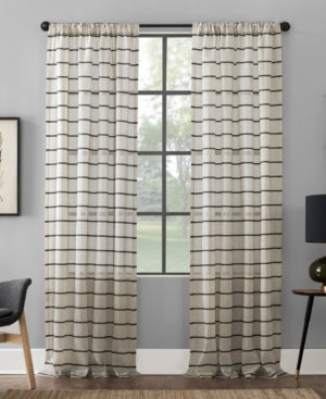 84"x52" Twill Stripe AntiDust Curtain Panel Black/Linen - Clean Window: Modern Light Filtering Striped Linen Panel