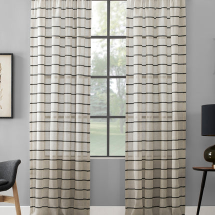 84"x52" Twill Stripe AntiDust Curtain Panel Black/Linen - Clean Window: Modern Light Filtering Striped Linen Panel