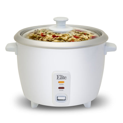 Elite Gourmet ERC-003 Electric Rice Cooker with Automatic Keep Warm Makes Soups, Stews, Grains, Hot Cereals, White, 6 Cups Cooked (3 Cups Uncooked) White