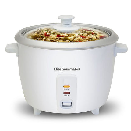 Elite Gourmet ERC-003 Electric Rice Cooker with Automatic Keep Warm Makes Soups, Stews, Grains, Hot Cereals, White, 6 Cups Cooked (3 Cups Uncooked) White