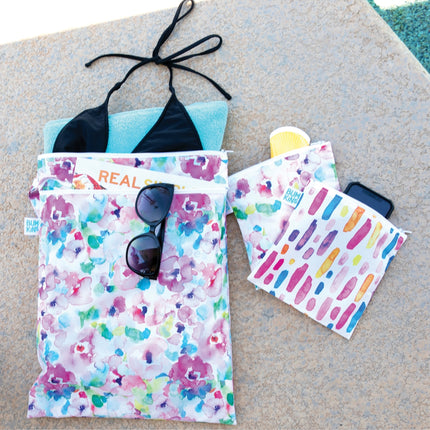 Bumkins Waterproof Wet Dry Bag for Baby, Travel, Swimsuit, Cloth Diaper, Pump Parts, Pool, Beach, Gym Clothes, Toiletry, Hook to Stroller, Daycare, Zip Reusable Wetdry Packing Pouch, Watercolor Floral Multicolor