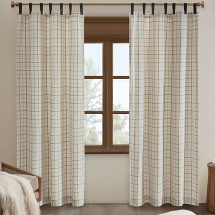 50"x84" Madison Park Light Filtering Preston Plaid Faux Leather Tab Top Curtain Panel with Fleece Lining: Thermal Insulated