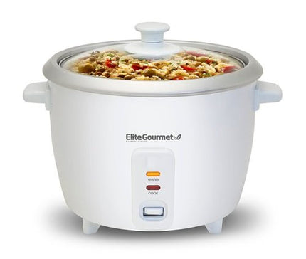 Elite Gourmet ERC-003 Electric Rice Cooker with Automatic Keep Warm Makes Soups, Stews, Grains, Hot Cereals, White, 6 Cups Cooked (3 Cups Uncooked) White