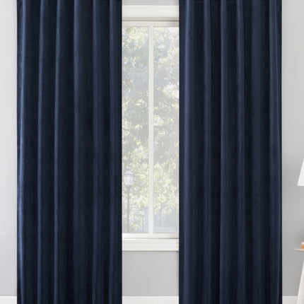 50"x84" Sun Zero 100% Blackout Amherst Velvet Noise Reducing Thermal Curtain Panel Dark Blue: Modern Back Tab Panel