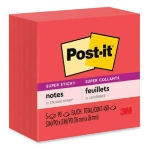 Post-it Super Sticky Notes, 5 Sticky Note Pads, 3 x 3 in., School Supplies for Students, Ideal for Textbooks, Notebooks, Walls and Vertical Surfaces, Single Color Packs Collection, Candy Apple Red