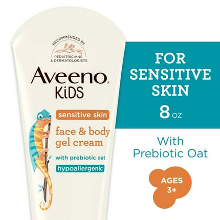 Aveeno Sensitive Skin Face & Body Gel Cream for Kids with Prebiotic Oat, Clinically Proven 24 Hour Hydration for Soft Skin, Quick Drying and Lightweight, Hypoallergenic, 8 oz