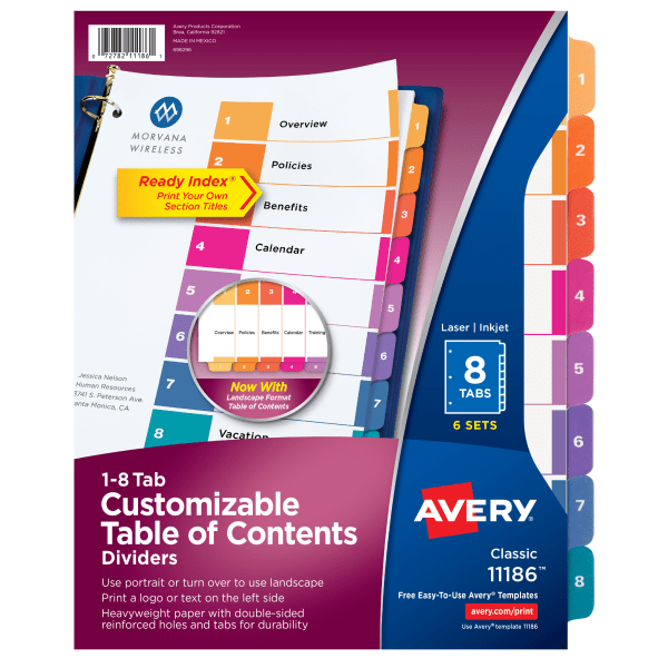 Avery 8 Tab Dividers for 3 Ring Binders, Customizable Table of Contents, Multicolor Tabs, 6 Sets (11186)