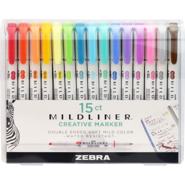 Zebra Pen Mildliner Double-Ended Highlighter Set, Broad and Fine Point Tips, Ideal for Bible Highlighting, No Bleed, Assorted Ink Colors, 15-Pack (78115)