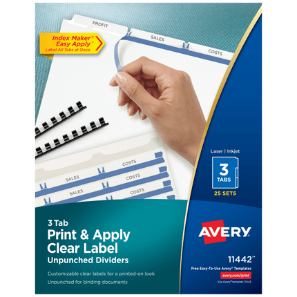 Avery 3-Tab Unpunched Dividers for Use with Any Binding System, Easy Print & Apply Clear Label Strip, Index Maker Customizable White Tabs, 25 Sets (11442)