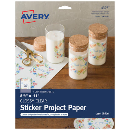 Avery Printable Sticker Paper, 8.5" x 11", Glossy Clear, Permanent Adhesive, Laser/Inkjet Compatible, 7 Full-Size Label Sheets, Great for Product Branding, Cute Stickers, Custom Signs, and More (4397)