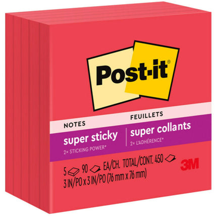 Post-it Super Sticky Notes, 5 Sticky Note Pads, 3 x 3 in., School Supplies for Students, Ideal for Textbooks, Notebooks, Walls and Vertical Surfaces, Single Color Packs Collection, Candy Apple Red