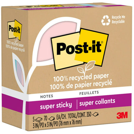 Post-it 100% Recycled Paper Super Sticky Notes, 2X The Sticking Power, 3x3 in, 5 Pads, 70 Sheets/Pad, Wanderlust Pastels Collection (654R-5SSNRP)
