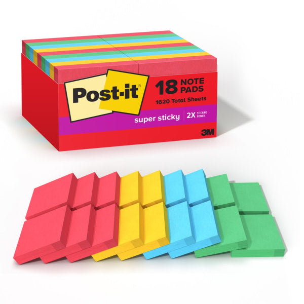 Post-it Super Sticky Notes, 18 Sticky Note Pads, 1.875 x 1.875 in., Back to School Supplies and Office Products, Ideal for Textbooks, Notebooks, and Vertical Surfaces, Playful Primaries Collection