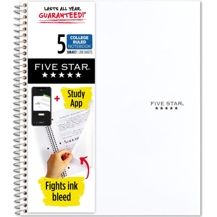 Five Star Spiral Notebook + Study App, 5 Subject, College Ruled Paper, 8-1/2" x 11", 200 Sheets, Fights Ink Bleed, Water Resistant Cover, White (72460)