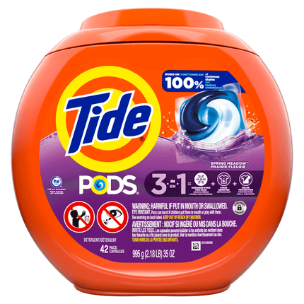 Tide PODS Laundry Detergent Pacs, 3-in-1 Stain Remover, Odor Fighter, Color Protector, 42 Count, HE compatible, Spring Meadow Scent (Packaging May Vary)