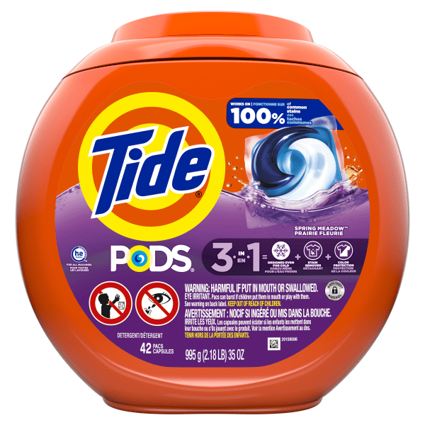 Tide PODS Laundry Detergent Pacs, 3-in-1 Stain Remover, Odor Fighter, Color Protector, 42 Count, HE compatible, Spring Meadow Scent (Packaging May Vary)
