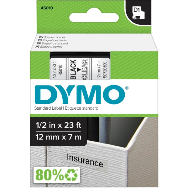 DYMO Authentic D1 Label l DYMO Labels for LabelManager COLORPOP and LabelWriter Duo Label Makers Great for Organization Indoor or Outdoor Use ½” (12mm) Black Print on Clear Tape Water Resistant