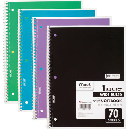 Mead Spiral Notebook, 4 Pack, 1-Subject, Wide Ruled Paper, 7-1/2" x 10-1/2", 70 Sheets per Notebook, Colors Will Vary (72873)