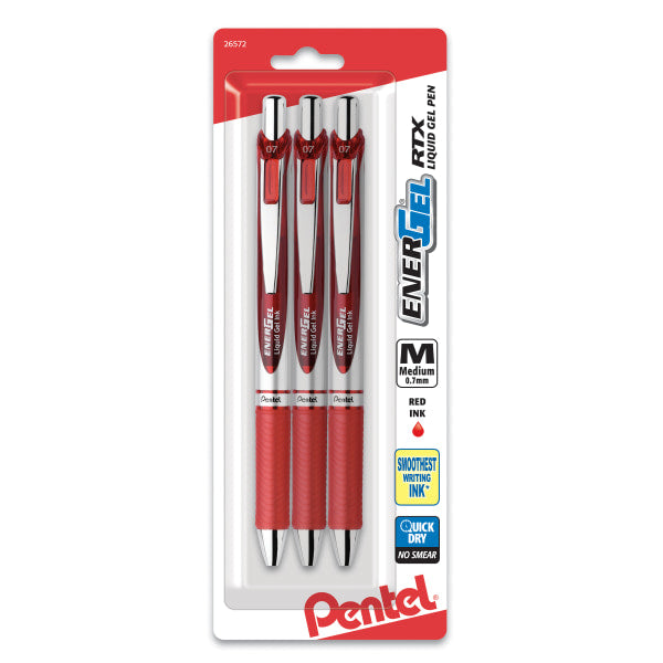 Pentel EnerGel RTX Retractable Gel Pen, Medium Point, 0.7mm, Red Ink, 3/Pack (BL77BP3B)