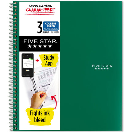 Five Star Spiral Notebook + Study App, 5 Subject, College Ruled Paper, 8-1/2" x 11", 200 Sheets, Fights Ink Bleed, Water Resistant Cover, Forest Green (72079)