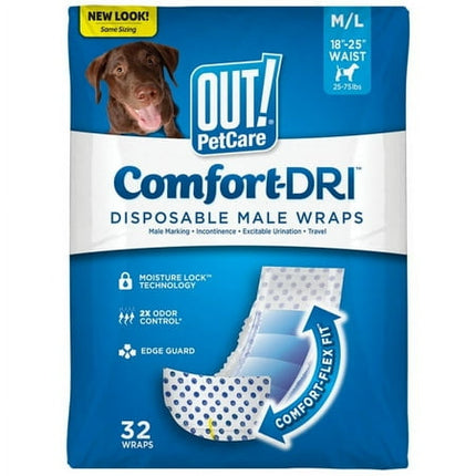 OUT! Petcare Disposable Dog Diapers Male, Potty Training, Male Dog Diapers, Puppy Training, Belly Bands, Pet Supplies, for Incontinence, Puppy Essentials, 18”-25” Waist, Medium/Large, 32 Count