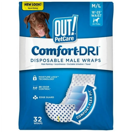 OUT! Petcare Disposable Dog Diapers Male, Potty Training, Male Dog Diapers, Puppy Training, Belly Bands, Pet Supplies, for Incontinence, Puppy Essentials, 18”-25” Waist, Medium/Large, 32 Count