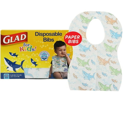 Glad for Kids Shark Disposable Paper Bibs with Crumb Catcher for Feeding - Absorbent and Leakproof Eating and Travel Essentials for Mess-Free Meals, 30 Count