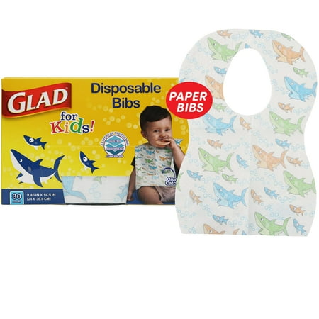 Glad for Kids Shark Disposable Paper Bibs with Crumb Catcher for Feeding - Absorbent and Leakproof Eating and Travel Essentials for Mess-Free Meals, 30 Count