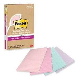 Post-it 100% Recycled Paper Super Sticky Notes, Lined, 4 in. x 6 in., 4 Pads, 45 Sheets per Pad, Wanderlust Pastels, School Supplies and Office Products