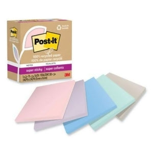 Post-it 100% Recycled Paper Super Sticky Notes, 2X The Sticking Power, 3x3 in, 5 Pads, 70 Sheets/Pad, Wanderlust Pastels Collection (654R-5SSNRP)