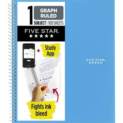 Five Star Spiral Notebook + Study App, 1 Subject, Graph Ruled Paper, 8-1/2" x 11", 100 Sheets, Fights Ink Bleed, Water Resistant Cover, Tidewater Blue (06190AA4)