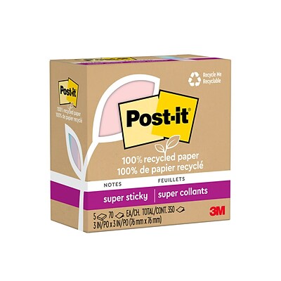 Post-it 100% Recycled Paper Super Sticky Notes, 2X The Sticking Power, 3x3 in, 5 Pads, 70 Sheets/Pad, Wanderlust Pastels Collection (654R-5SSNRP)
