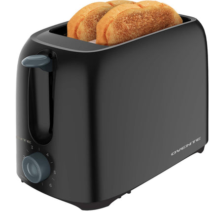 OVENTE Electric 2 Slice Toaster Machine with 6-Shade Browning Selector Setting, Compact Design and Removable Crumb Tray, 700W Power Perfect for Toasting Bread, Thin Bagels and Waffles, Black TP2210B TP2210B
