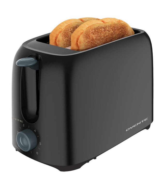 OVENTE Electric 2 Slice Toaster Machine with 6-Shade Browning Selector Setting, Compact Design and Removable Crumb Tray, 700W Power Perfect for Toasting Bread, Thin Bagels and Waffles, Black TP2210B TP2210B