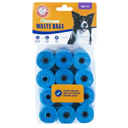 Arm & Hammer Durable Disposable Dog And Cat Waste Bags With Activated Baking Soda, 180 Dog Poop Bags, 9 x 14 Inches, Blue