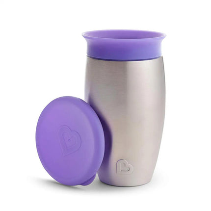 Munchkin Stainless Steel Sippy Cups for Toddlers 1-3, Spill Proof Miracle 360 Cup, Insulated, 10 Ounce, Purple Purple