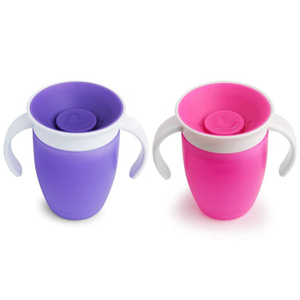 Munchkin Sippy Cup for 6 Month Old and Up, Spill Proof Miracle 360 Toddler Cups with Transition Handles, 7 Ounce, 2 Pack, Pink/Purple Pink