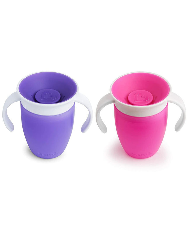 Munchkin Sippy Cup for 6 Month Old and Up, Spill Proof Miracle 360 Toddler Cups with Transition Handles, 7 Ounce, 2 Pack, Pink/Purple Pink