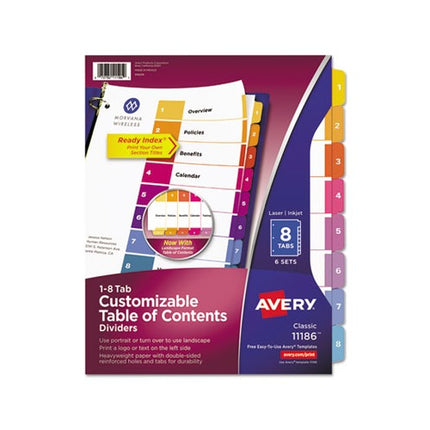 Avery 8 Tab Dividers for 3 Ring Binders, Customizable Table of Contents, Multicolor Tabs, 6 Sets (11186)