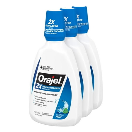 Orajel Nonseptic Mouth Sore Rinse 16oz, Soothing Mint Flavor, Provides Pain Relief, Promotes Healing, 3-Pack
