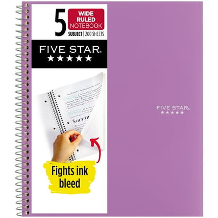 Five Star Spiral Notebook + Study App, 5 Subject, Wide Ruled Paper, 8" x 10-1/2", 200 Sheets, Fights Ink Bleed, Water Resistant Cover, Amethyst Purple (38739)