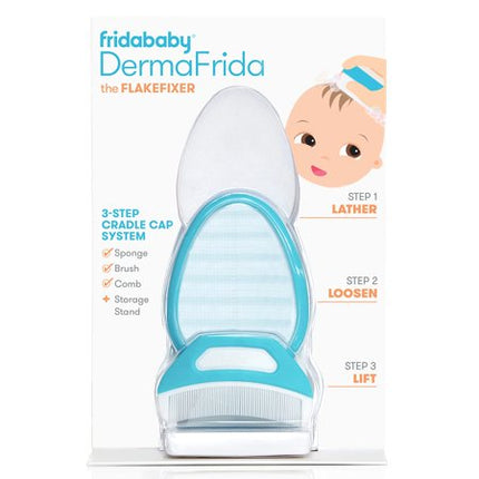 Frida Baby The 3-Step Cradle Cap System, DermaFrida The FlakeFixer, Sponge, Brush, Comb and Storage Stand for Babies with Cradle Cap, White-Blue