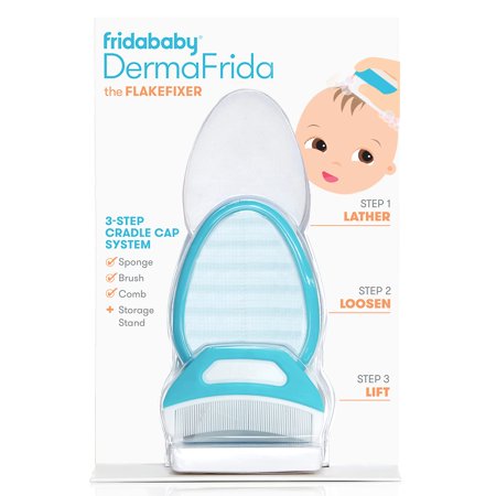 Frida Baby The 3-Step Cradle Cap System, DermaFrida The FlakeFixer, Sponge, Brush, Comb and Storage Stand for Babies with Cradle Cap, White-Blue