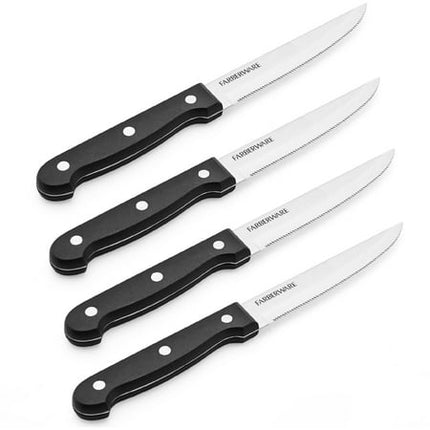 Farberware 4-Piece Full-Tang Triple Rivet 'Never Needs Sharpening' Stainless Steel Steak Knife Set, Black Black