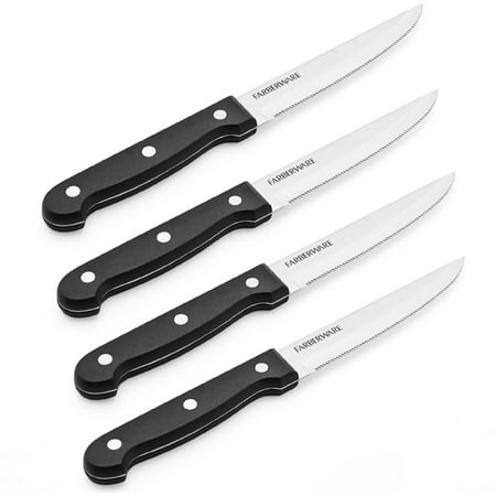 Farberware 4-Piece Full-Tang Triple Rivet 'Never Needs Sharpening' Stainless Steel Steak Knife Set, Black Black