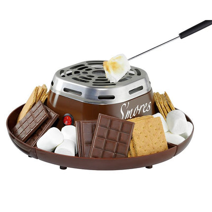 Nostalgia Tabletop Indoor Electric S'mores Maker - Smores Kit With Marshmallow Roasting Sticks and 4 Trays for Graham Crackers, Chocolate, and Marshmallows - Movie Night Supplies - Brown Brown